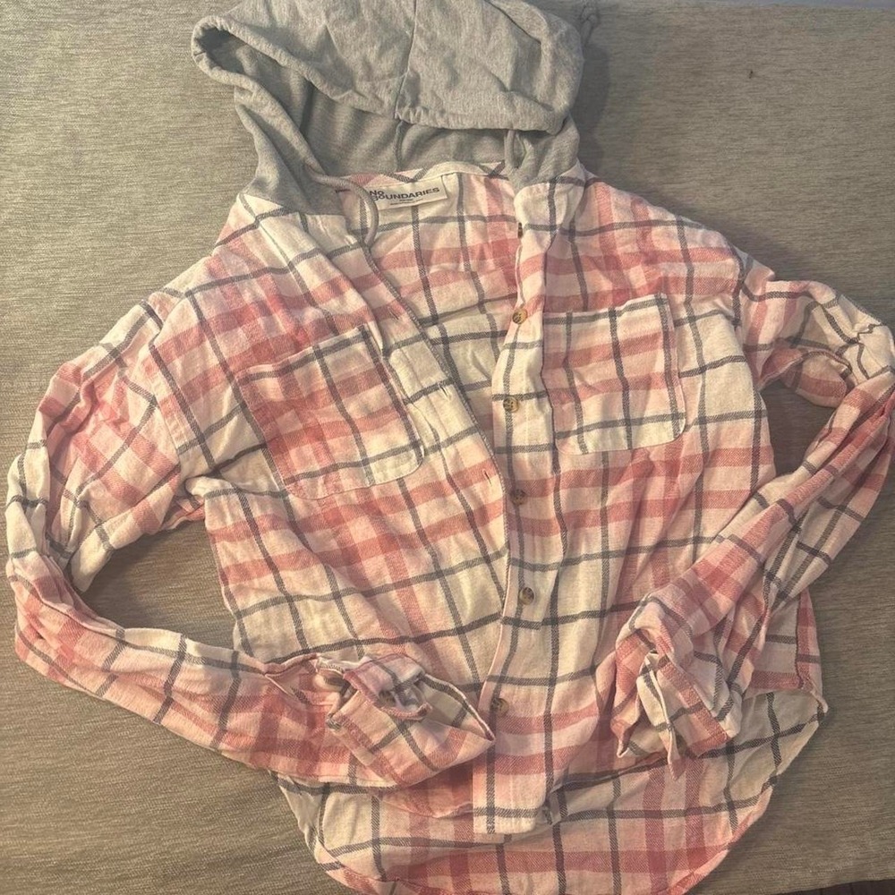 No Boundaries XXS light Pink, grey and white plaid button-up shirt